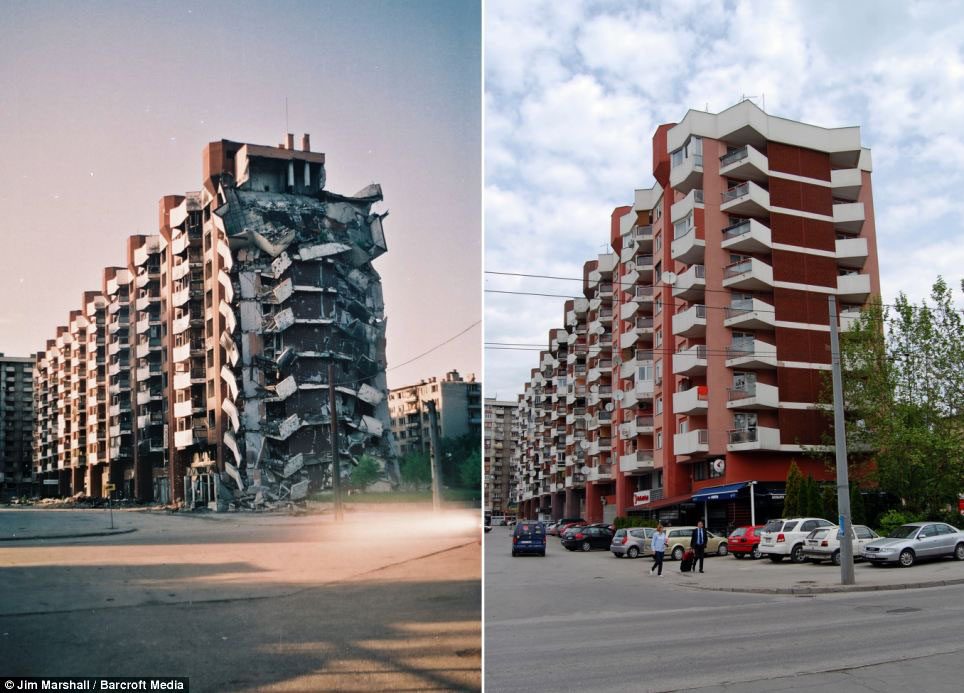 The apartment building in Grbavica Emir lives in right after the war and today.